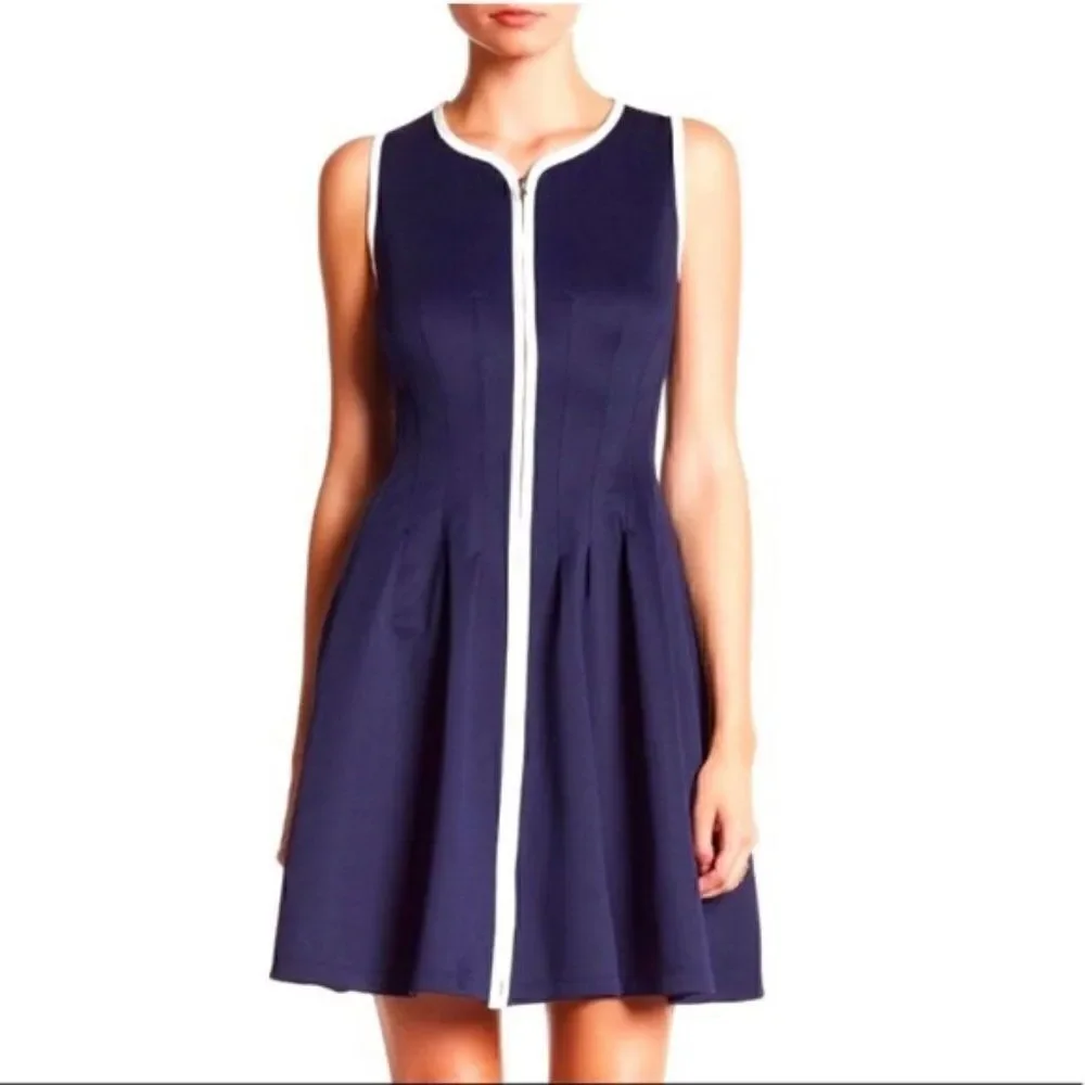Vintage Betsey Johnson Navy Zipper Front Dress w/ White Piping Sz:6 - Picture 2 of 11